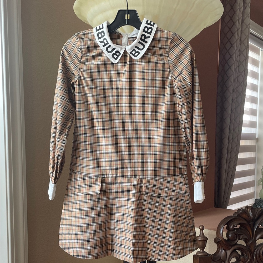 Burberry Tan Black White Logo Collar Plaid Dress